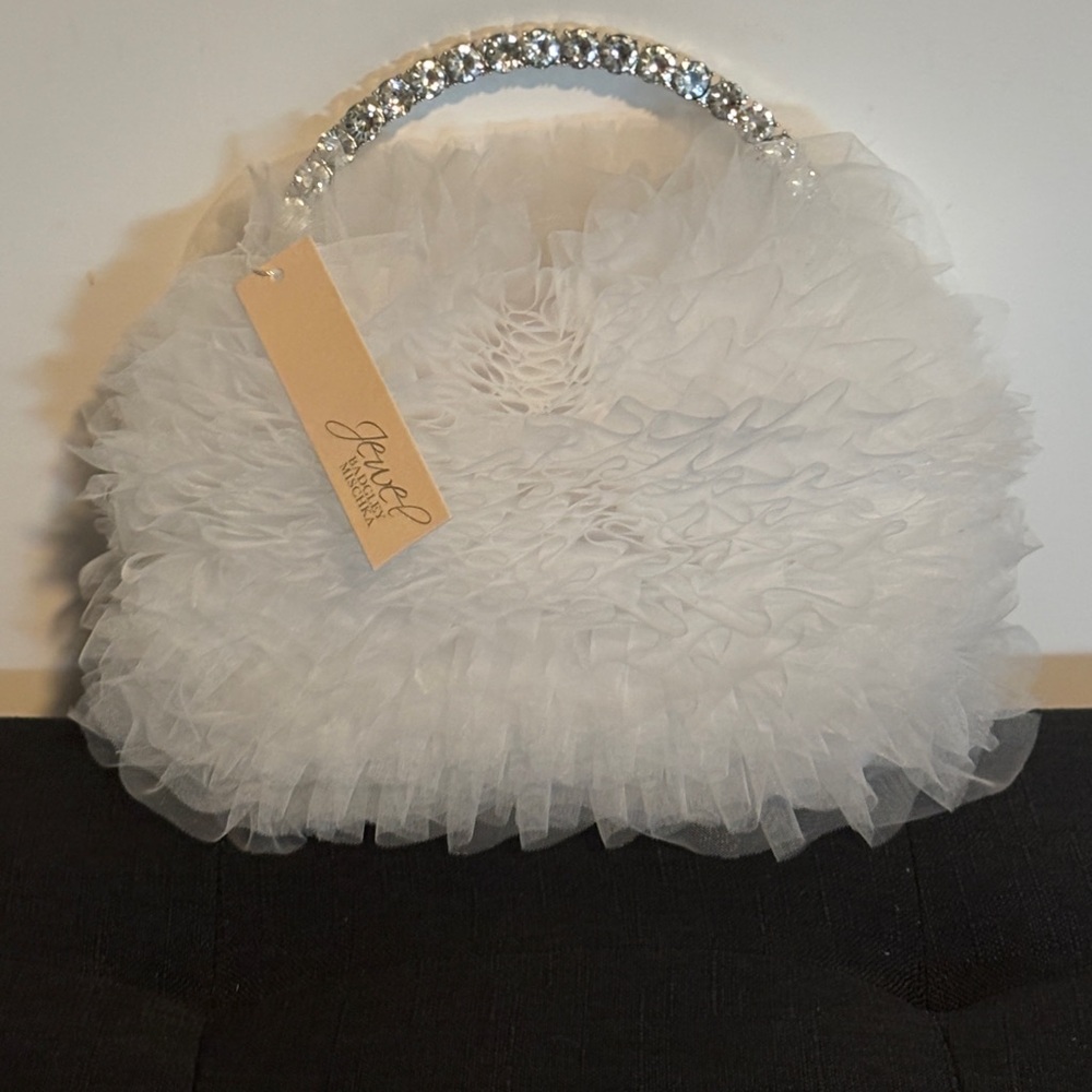 Jewel Badgley Mischka White Ruffled Clutch